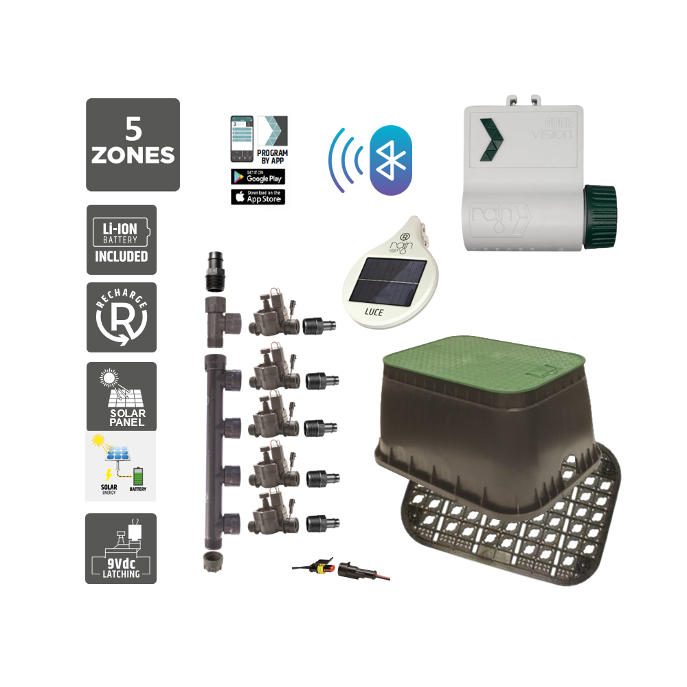 5 Zone Smart Valve Box Kit with Rain Pure Vision Bluetooth Controller