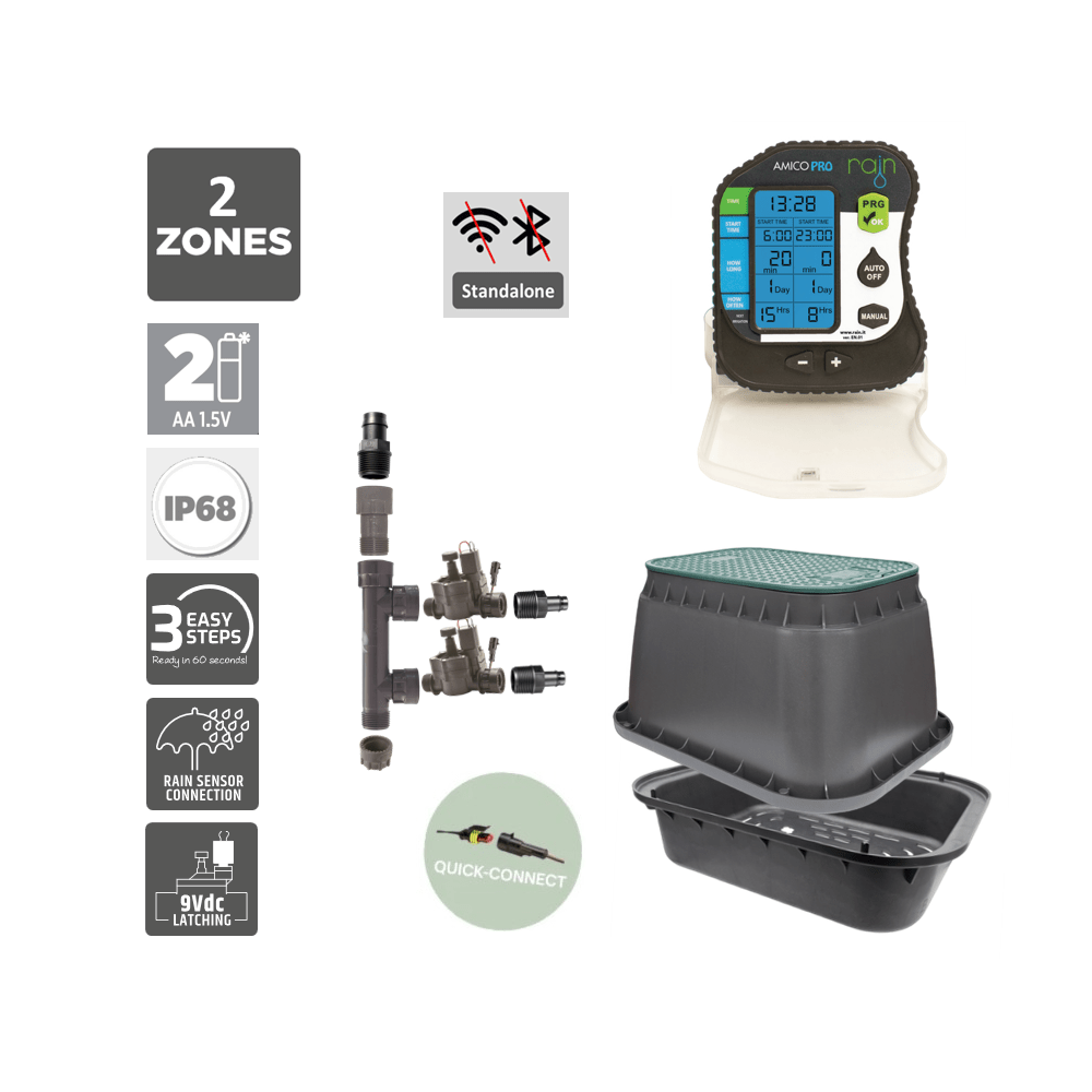 2 Zone Smart Valve Box Kit with Rain Amico Pro Controller - Irrigation Easy