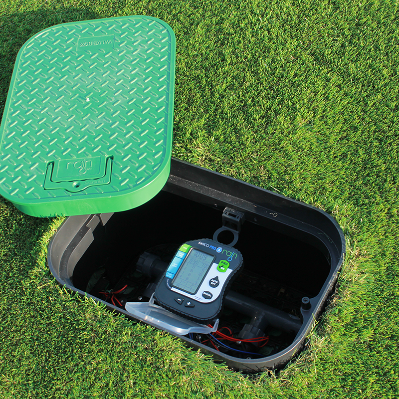 RAIN PZRM-113 Standard Rectangular Valve Box ( 400mm Lid x 330mm Depth
The PZRM-113 Rectangular Standard Valve Box with Black body - Green lid with patented opening handle allows the installer to easily access the solenoid valves and kRAINRAINIrrigation EasyIrrigation Easy