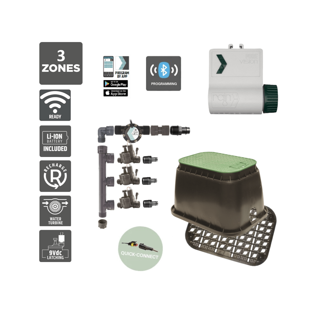 3 Zone Smart Valve Box Kit with Rain Pure Vision Bluetooth Controller - Irrigation Easy