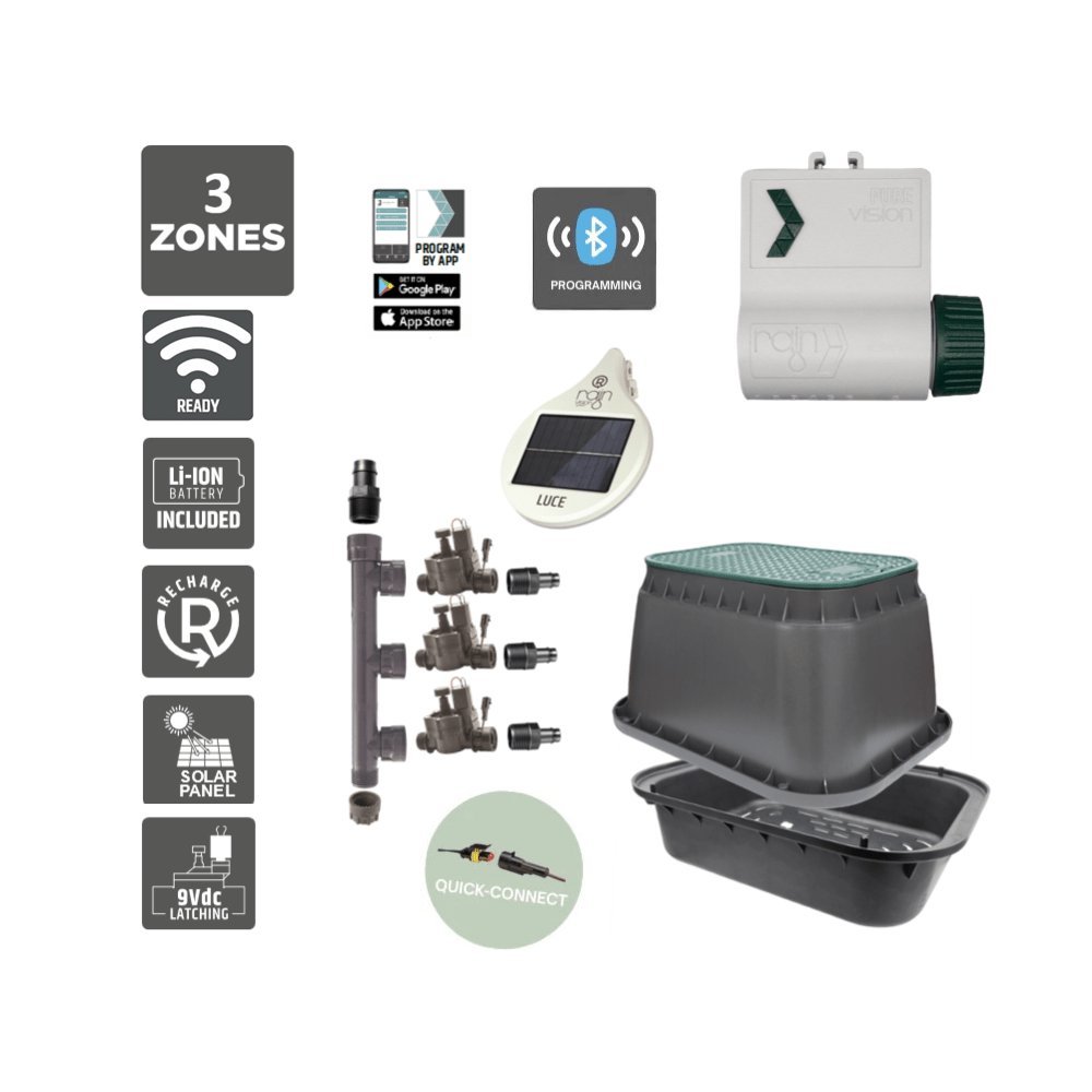 3 Zone Smart Valve Box Kit with Rain Pure Vision Bluetooth Controller - Irrigation Easy