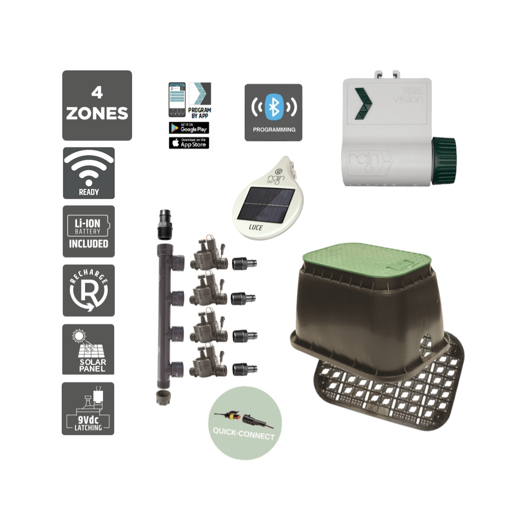 4 Zone Smart Valve Box Kit with Rain Pure Vision Bluetooth Controller - Irrigation Easy