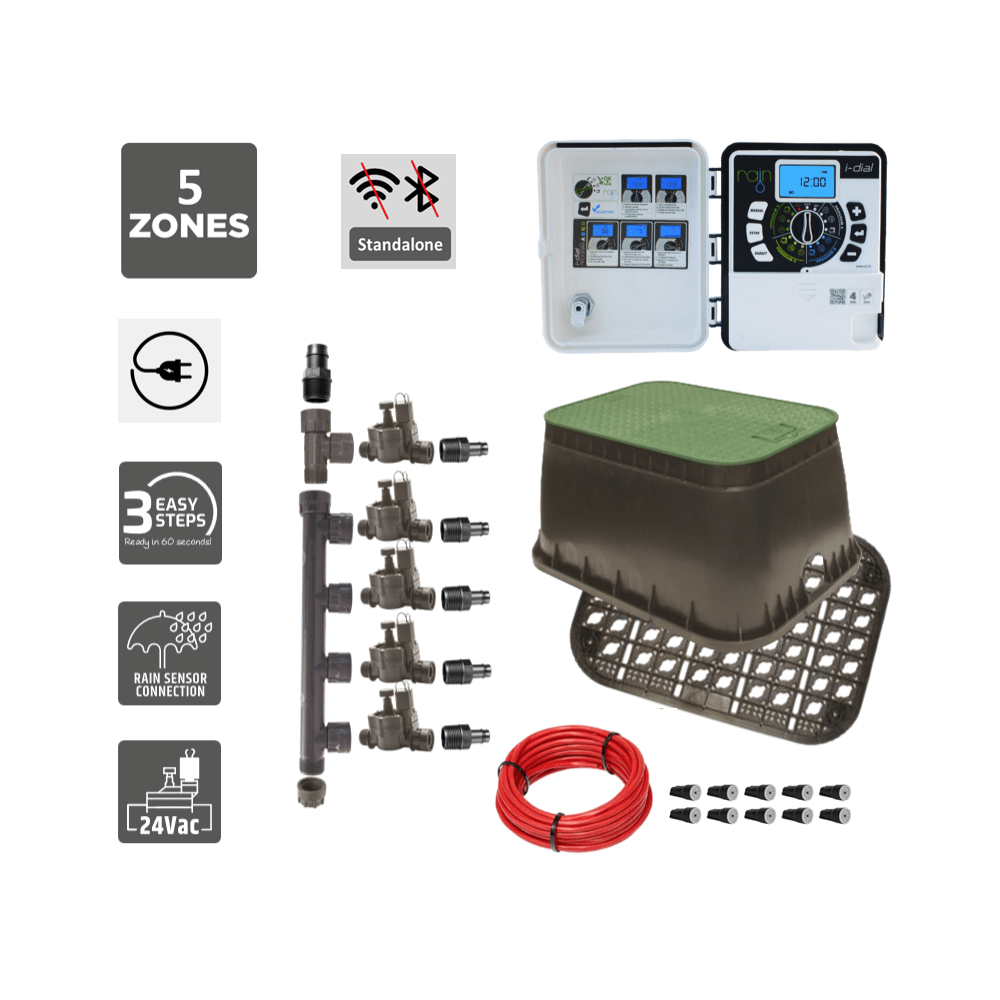 5 Zone Smart Valve Box Kit with Rain I - Dial Controller - Irrigation Easy