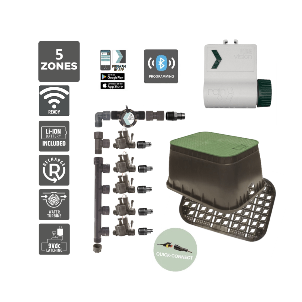 5 Zone Smart Valve Box Kit with Rain Pure Vision Bluetooth Controller - Irrigation Easy