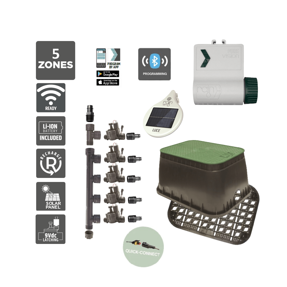 5 Zone Smart Valve Box Kit with Rain Pure Vision Bluetooth Controller - Irrigation Easy