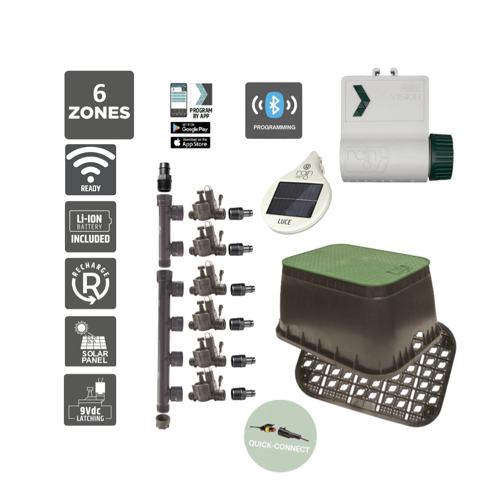 6 Zone Smart Valve Box Kit with Rain Pure Vision Bluetooth Controller - Irrigation Easy