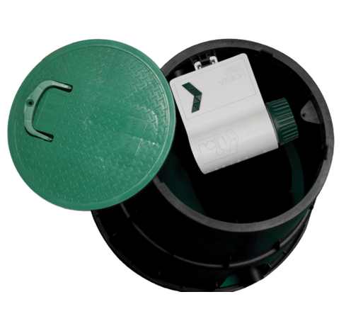 RAIN PZCM-25 Round Valve Box ( 253mm Lid x 261mm Depth x 336mm Base )The EZ-OPEN 25 circular round valve box with Black body - Green lid and with patented opening handle allows the installer to easily access the solenoid valves and keRAINRAINIrrigation EasyIrrigation Easy