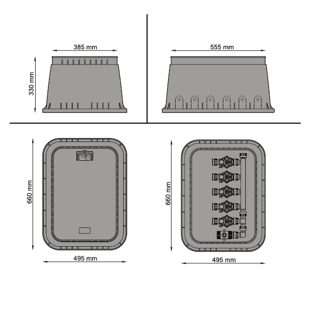 RAIN PZRM-115 Jumbo Rectangular Valve Box ( 550mm Lid x 330mm Depth x 
The PZRM-115 Rectangular Standard Valve Box with Black body - Green lid with patented opening handle allows the installer to easily access the solenoid valves and kRAINRAINIrrigation EasyIrrigation Easy