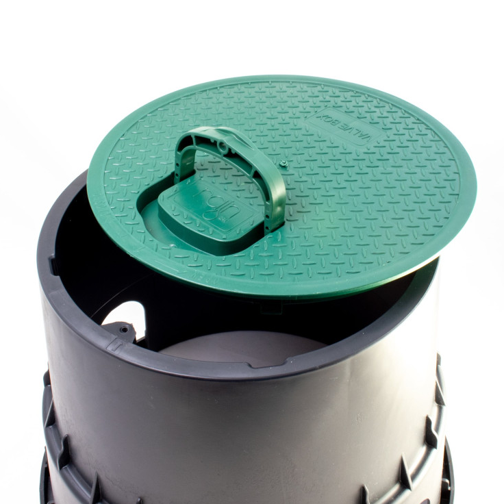 RAIN PZCM-25 Round Valve Box ( 253mm Lid x 261mm Depth x 336mm Base )The EZ-OPEN 25 circular round valve box with Black body - Green lid and with patented opening handle allows the installer to easily access the solenoid valves and keRAINRAINIrrigation EasyIrrigation Easy