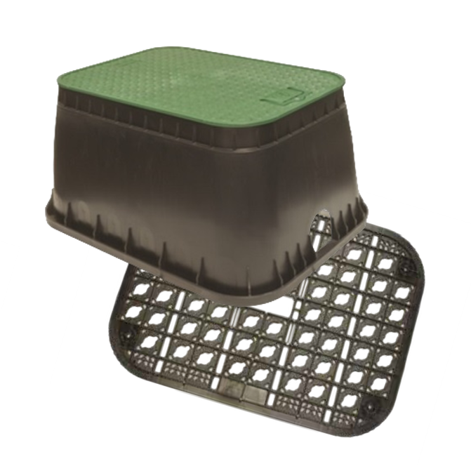 RAIN PZRM-115 Jumbo Rectangular Valve Box ( 550mm Lid x 330mm Depth x 
The PZRM-115 Rectangular Standard Valve Box with Black body - Green lid with patented opening handle allows the installer to easily access the solenoid valves and kRAINRAINIrrigation EasyIrrigation Easy