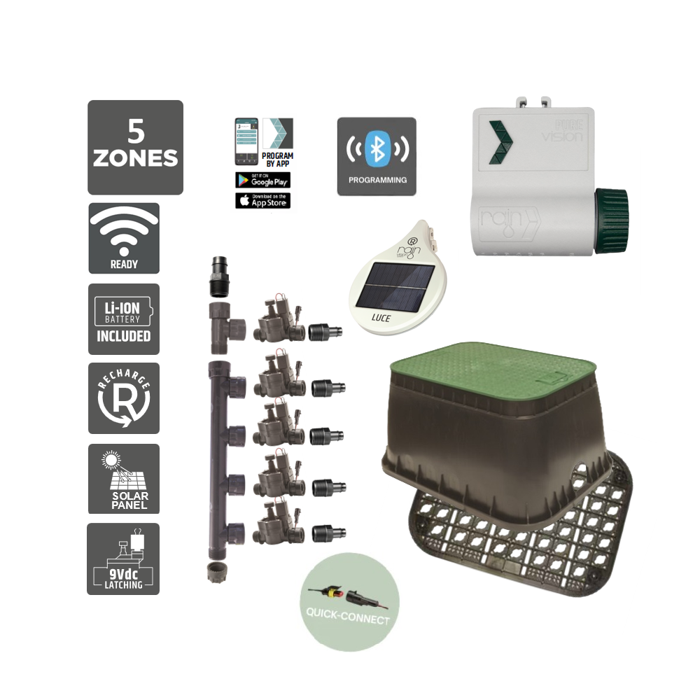 5 Zone Smart Valve Box Kit with Rain Pure Vision Bluetooth Controller