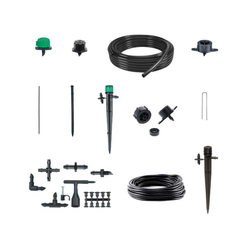Drippers and shrubblers custom irrigation design kit with tubes, stakes, and connectors for drip irrigation planner.