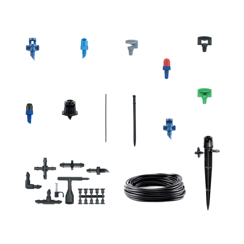Micro sprays irrigation sprinkler design kit with assorted connectors, nozzles, tubing, and stakes for custom garden irrigation systems.