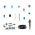 Micro sprays irrigation sprinkler design kit with assorted connectors, nozzles, tubing, and stakes for custom garden irrigation systems.