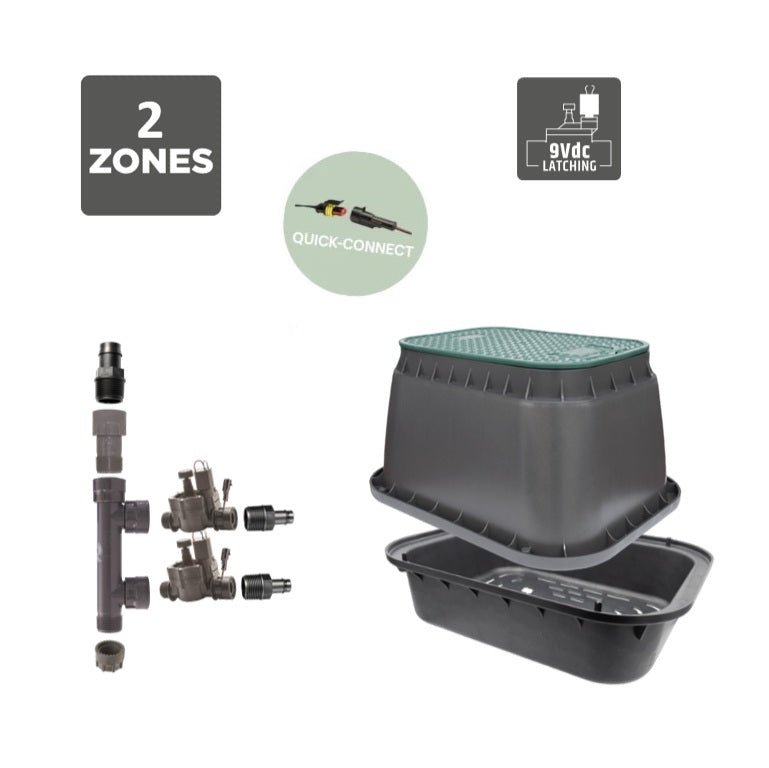 Rain 2 Zone Irrigation Valve Box Kit - 9VDC Valves - Irrigation Easy