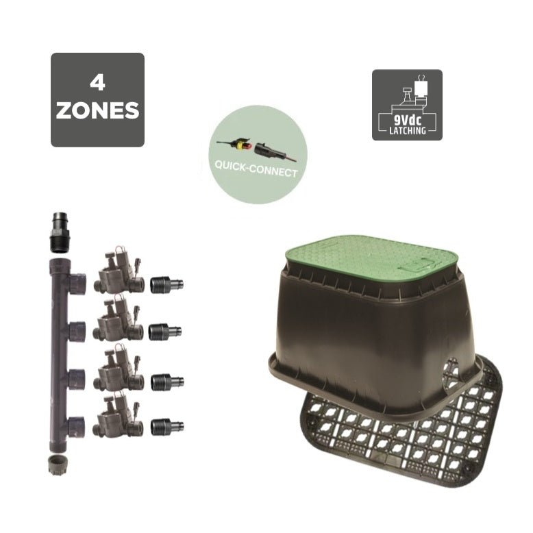 Rain 4 Zone Irrigation Valve Box Kit - 9VDC Valves - Irrigation Easy
