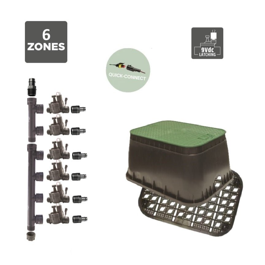 Rain 6 Zone Irrigation Valve Box Kit - 9VDC Valves - Irrigation Easy